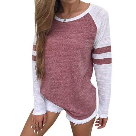 Antigua Purple Classic Shirt - STARVNC Women Stripe Splice Long Sleeve Crew Neck Shirt