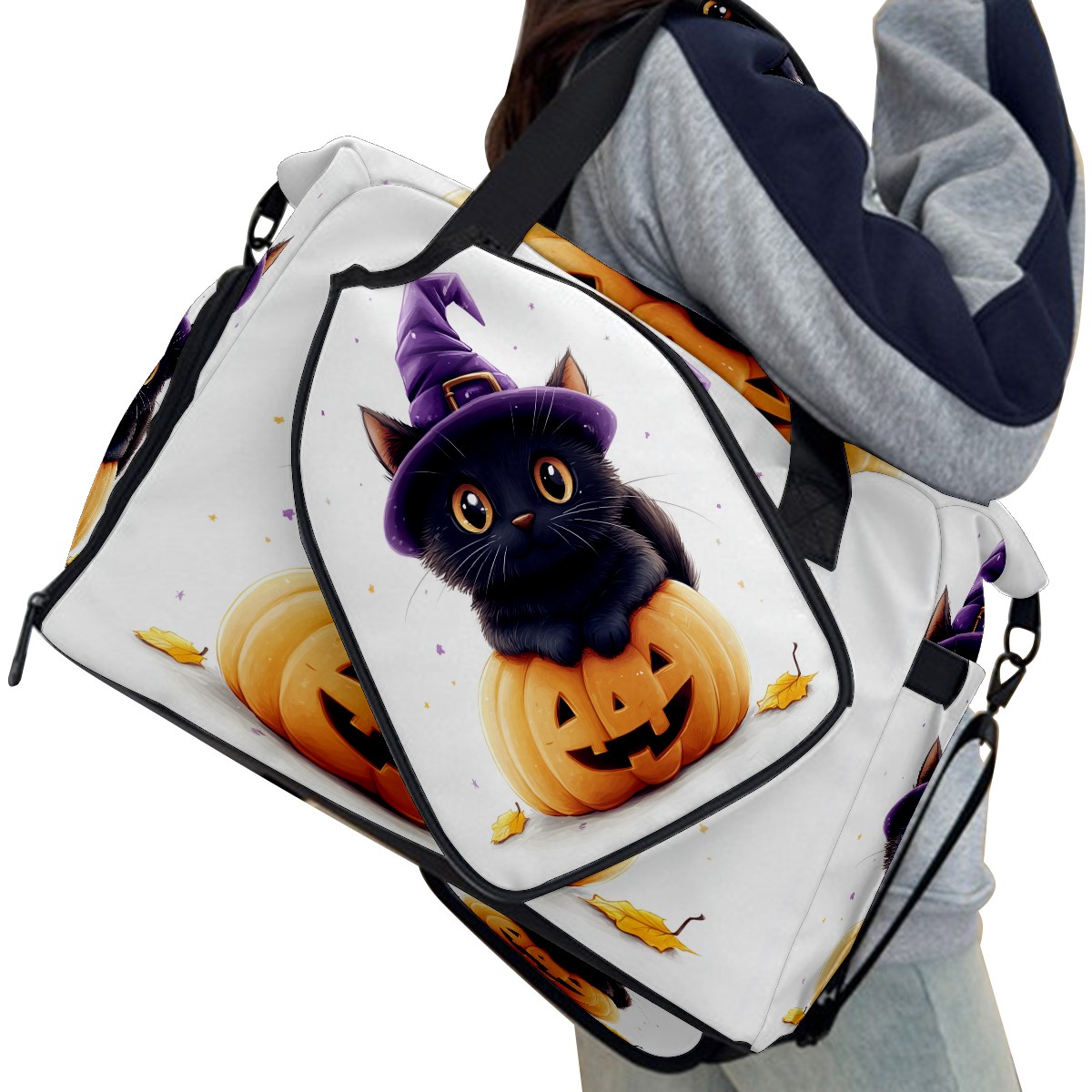 Large Gym Bag with Shoe Compartment, Water-Resistant Duffle Bag for Men and Women, Halloween Black Cat Pumpkin Witch Hat Sports Tote for Workout Travel