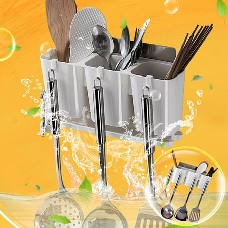 

Plastic Storage Rack Wall Mounted Non-drill Adhesive Spoon Chopsticks Stand with Drain