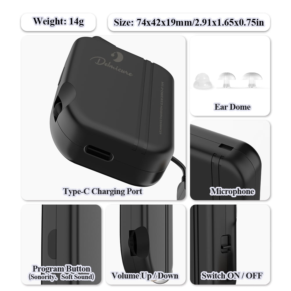 Delmicure Hearing Aids for Seniors, Body-Worn Hearing Aid, Rechargeable, Perfect for Severe Hearing Loss, VHP-302C