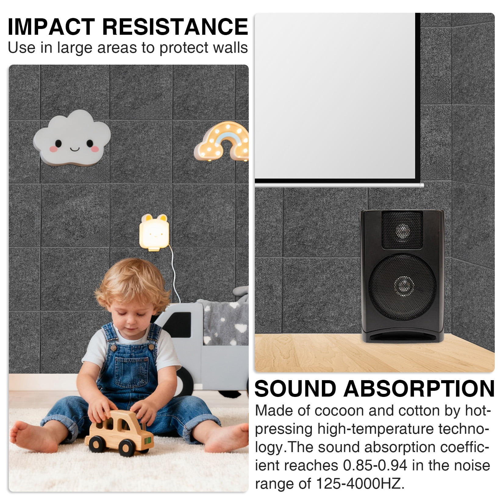 15 Pack Felt Bulletin Board Tiles, 11.8 x 11.8 inch Self-Adhesive Pin Board Panels with 30 Push Pins, Thick 0.35 inch Sound Absorbing Wall Tiles for Office, Home & Classroom, Dark Gray