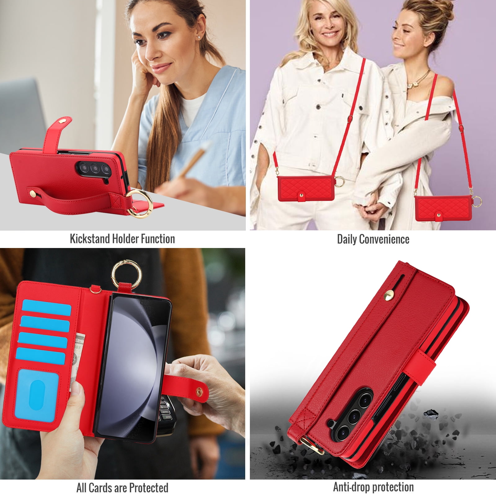 REQO Flip Phone Case for Samsung Galaxy Z Fold 6,Multifunctional Leather Wallet Cover with Wrist Strap Long Shoulder Strap RFID Blocking Case,Red