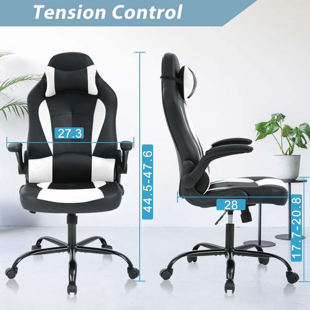 PC Gaming Chair, Ergonomic Computer Chair Height Adjustable Chair Massage Game Chair Office Chair Ergonomic Desk Chair with 360°-Swivel Wide Seat and Headrest for Office or Gaming, White