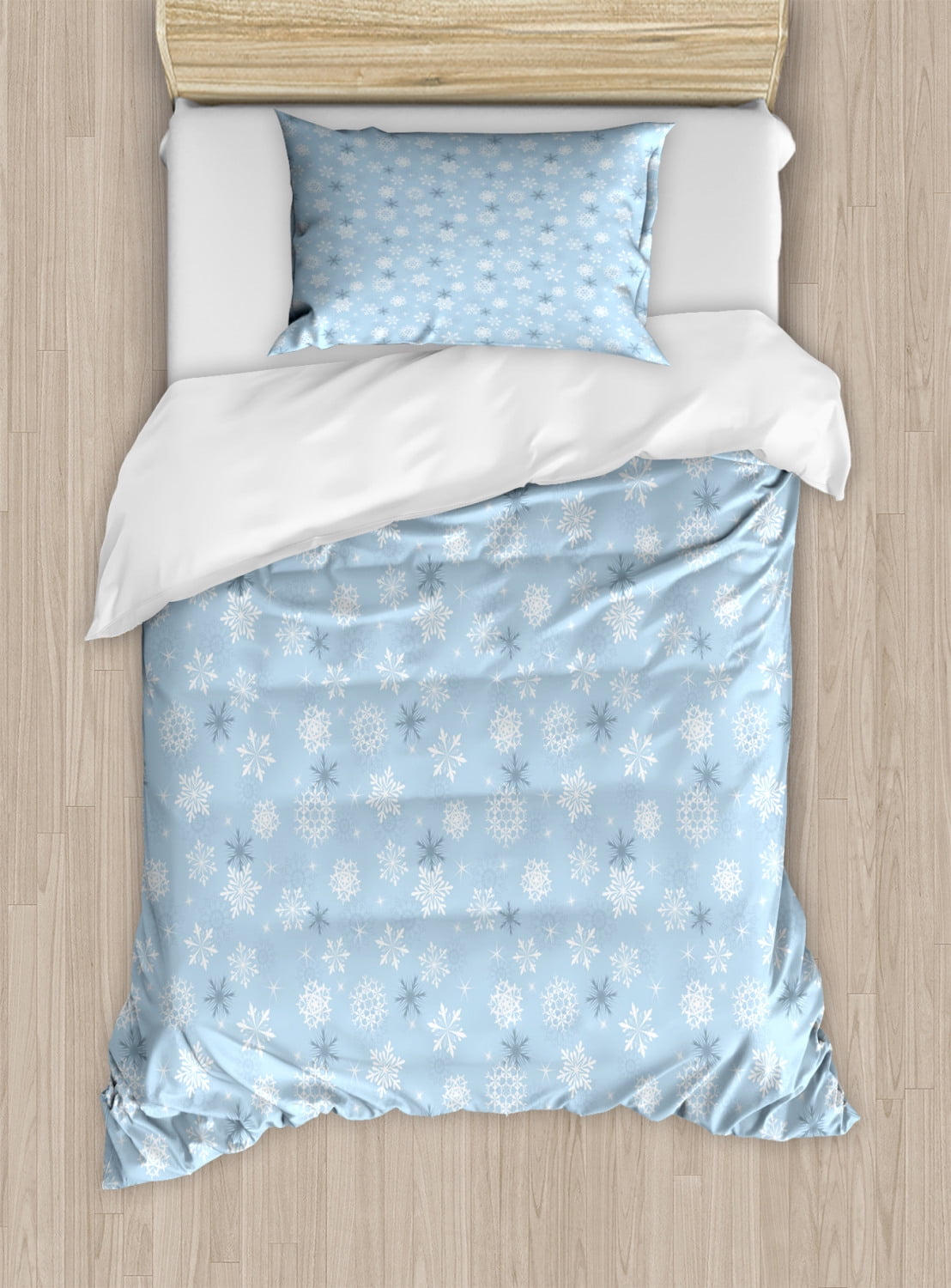 Snowflake Twin Size Duvet Cover Set, Snowflakes of Cold Weathers