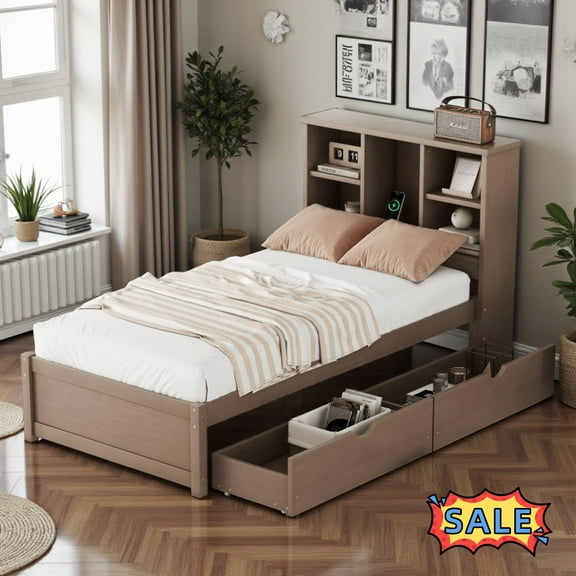Tcbosik Twin Size Platform Bed with USB Port, Bed Frame with Open Shelves and 2 Storage Drawers, Wood Slats Support, No Box Spring Needed, Walnut