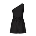 thumbnail image 4 of Usmixi Jumpsuits for Women Fashion One Shoulder Loose Smocked Wide Leg Short Jumpsuits Overalls with Belt Summer Formal Solid Slash Neck Sleeveless Mini Rompers Black m, 4 of 6