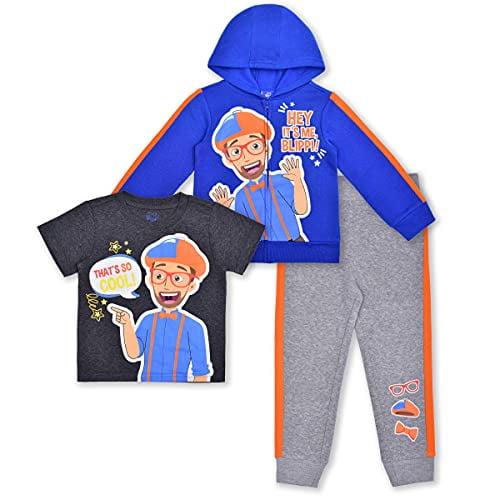 Boy s 3 Pack Blippi Graphic Tee, Zip Hoodie and Jogger Pant Set, Blue, Size 2T