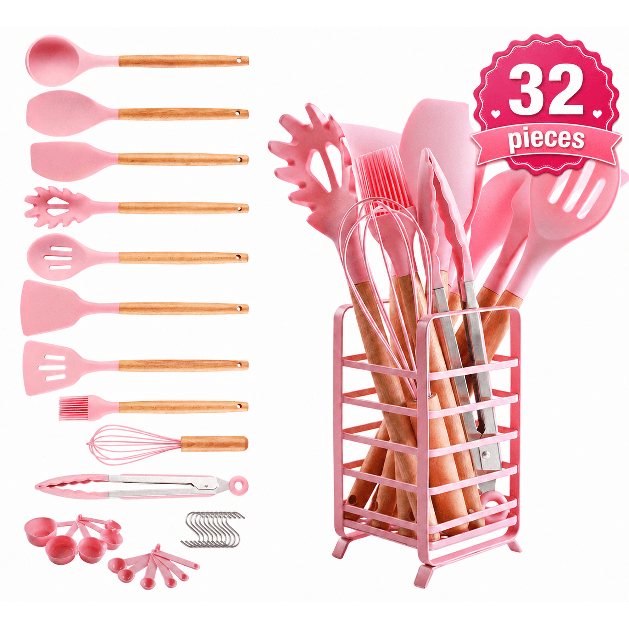 Hecef 32 PCS Silicone Cooking Utensils Set, 446°F Heat Resistant for Nonstick Cookware