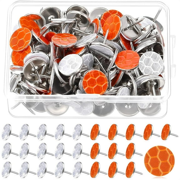 NOGIS 100pcs Reflective Tacks for Trail Marking, Box Package Reflective Trail Tacks Thumb Tacks Glow in The Dark Tacks Tree Markers for Hunting Camping Survival Outdoors(Orange & Silver)