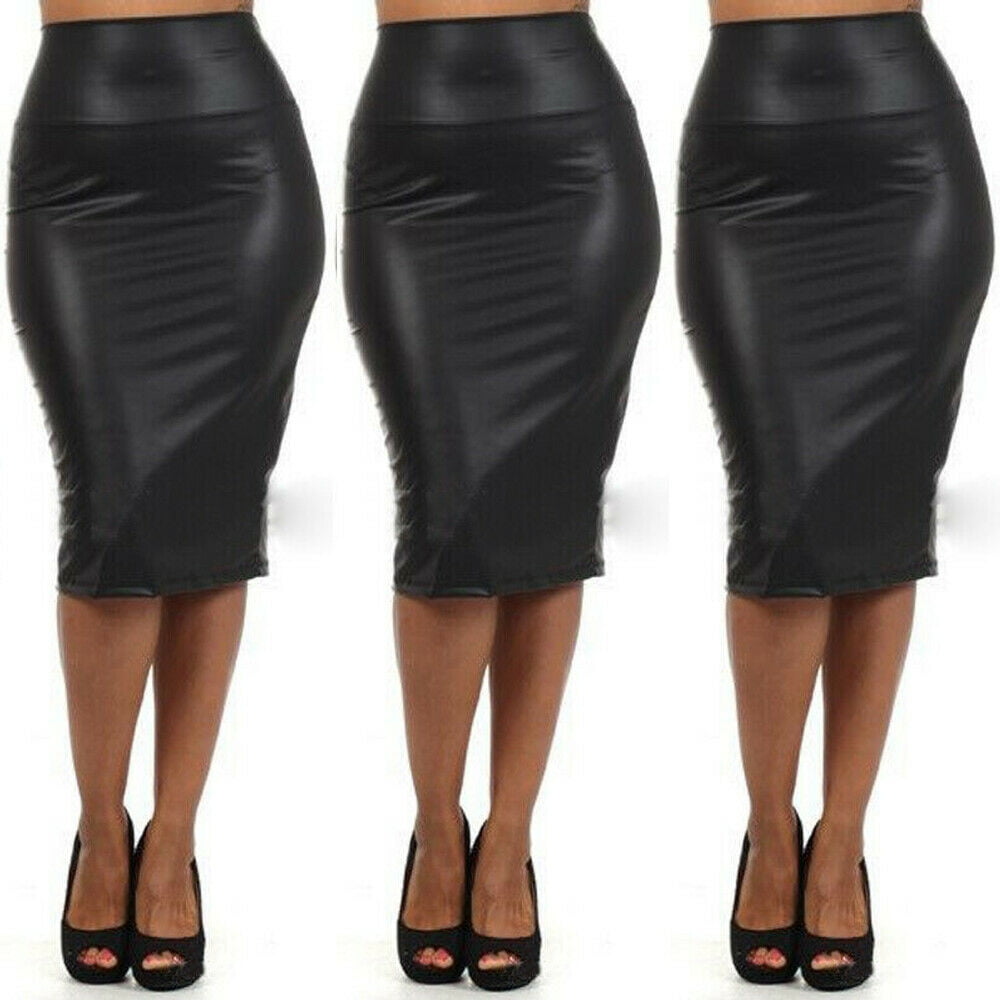 Size 14 New Shop Clearance Ladies Black Knee Length Faux Leather Pencil Skirt
