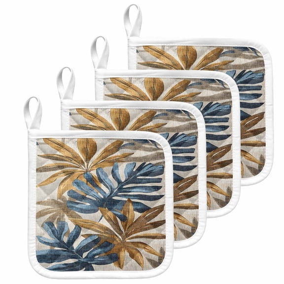 Navy Blue Brown Pot Holders for Kitchen Heatproof Potholder, 4 Pack Vintage Elegant Botanical Palm Leaves Hot Pads Multipurpose Oven Pads Cloth Potholders Trivet for Cooking and Baking