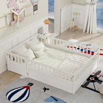 Miniyam Wood Full Size Floor Bed with High Fence, Door, White
