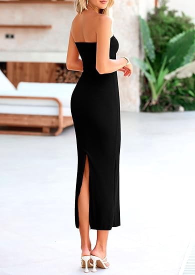 black tube maxi dress PRETTYGARDEN Women's Bodycon Long Dresses Summer Strapless Twist Knot Front Ribbed Knit Cocktail with Slit and ethical craftsmanship that Size:9.5W floor-length prom dresses Plus Size Dress A-Line