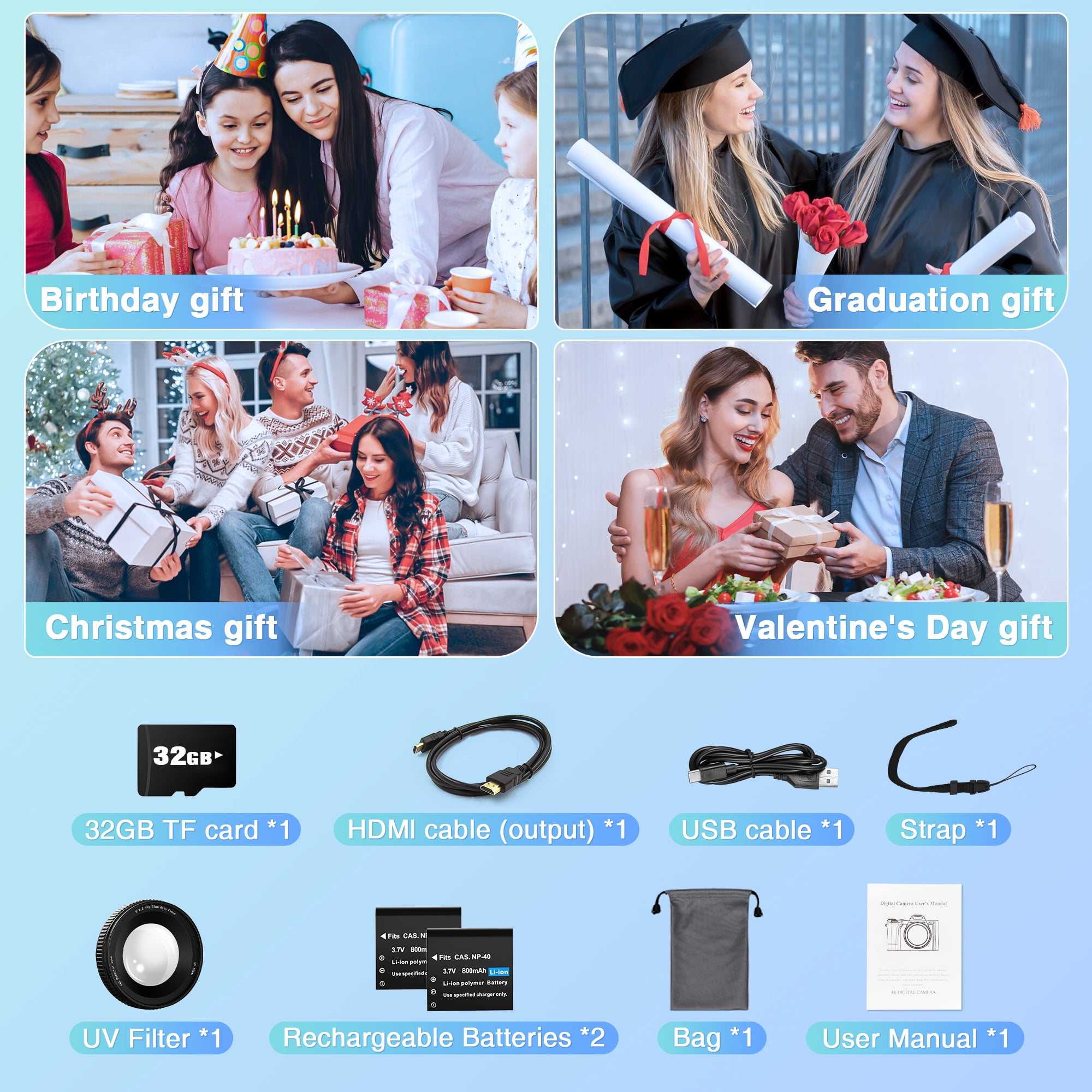 Vlogging Camera 4K Digital Camera with Autofocus, 180° Flip Screen 48MP Video Cameras Camcorder for Photography and YouTube, Includes 32GB Card, UV Lens & 16X Zoom (Black)