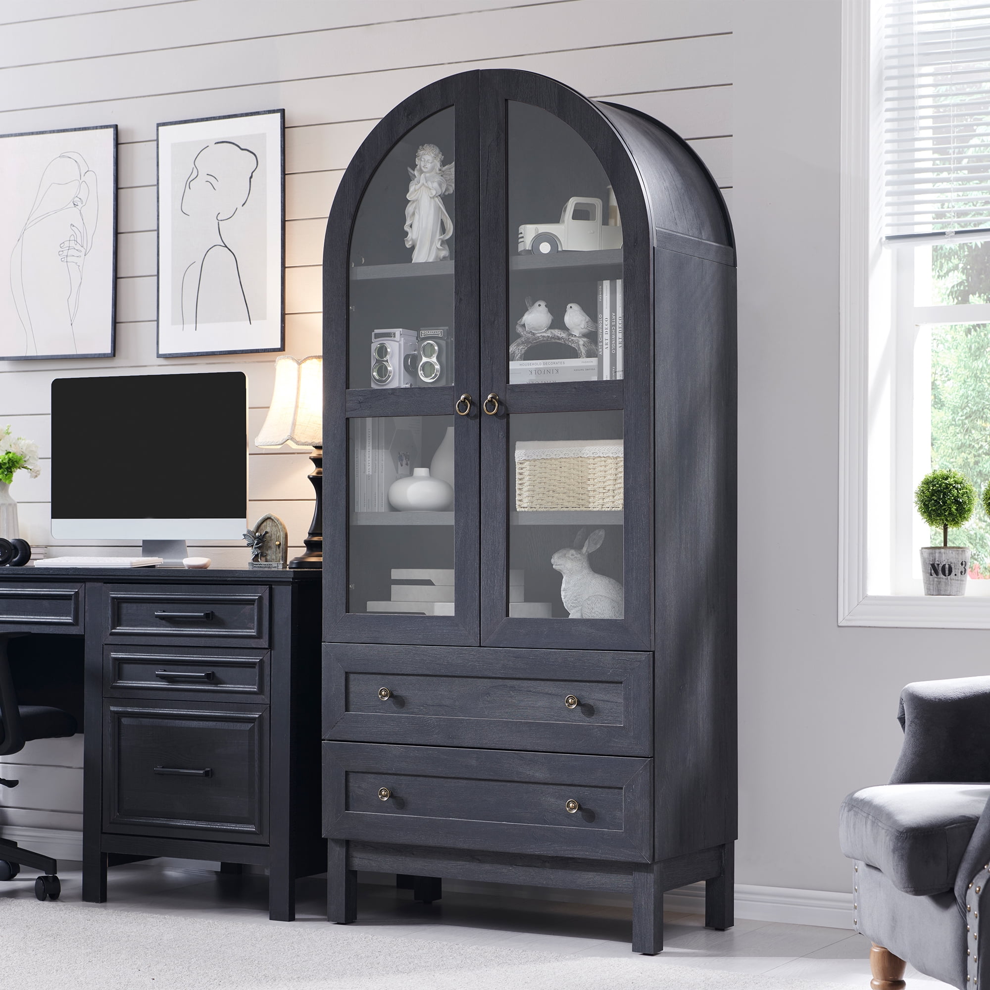 Arch Bookshelf with Storage Set of 2, Tall Bookcase with Glass Doors & Drawers