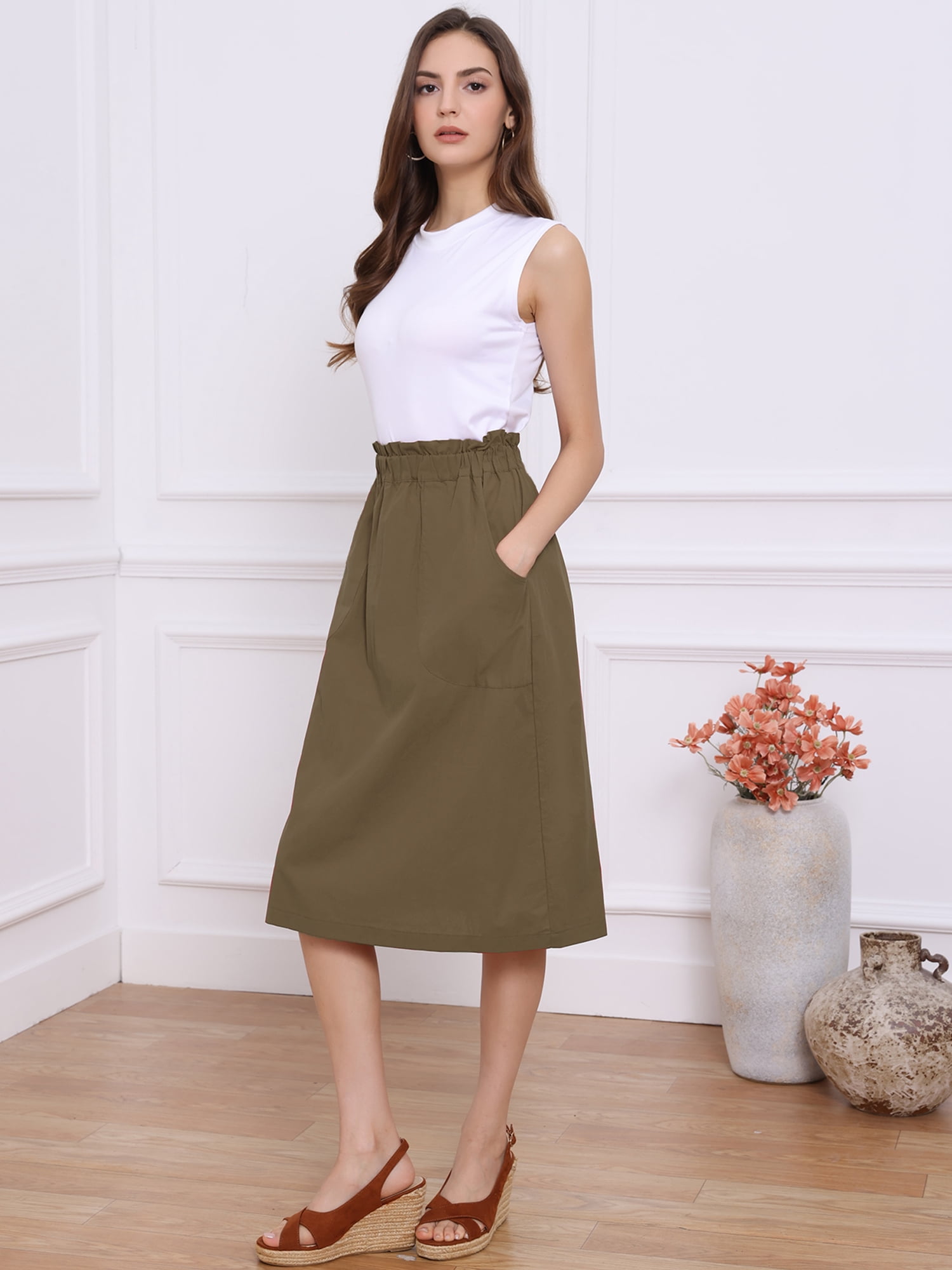 DARING DIVA Women's Cotton A-Line Elastic Waist Peasant Skirts with Pockets L Dark Brown