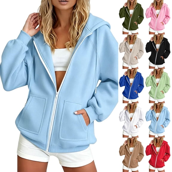 NominalSnug Women Zip Up Hooded Jacket Light Fleece Lined Long Sleeve Casual Hooded Sweatshirt With Pockets For Fall Daily Wear