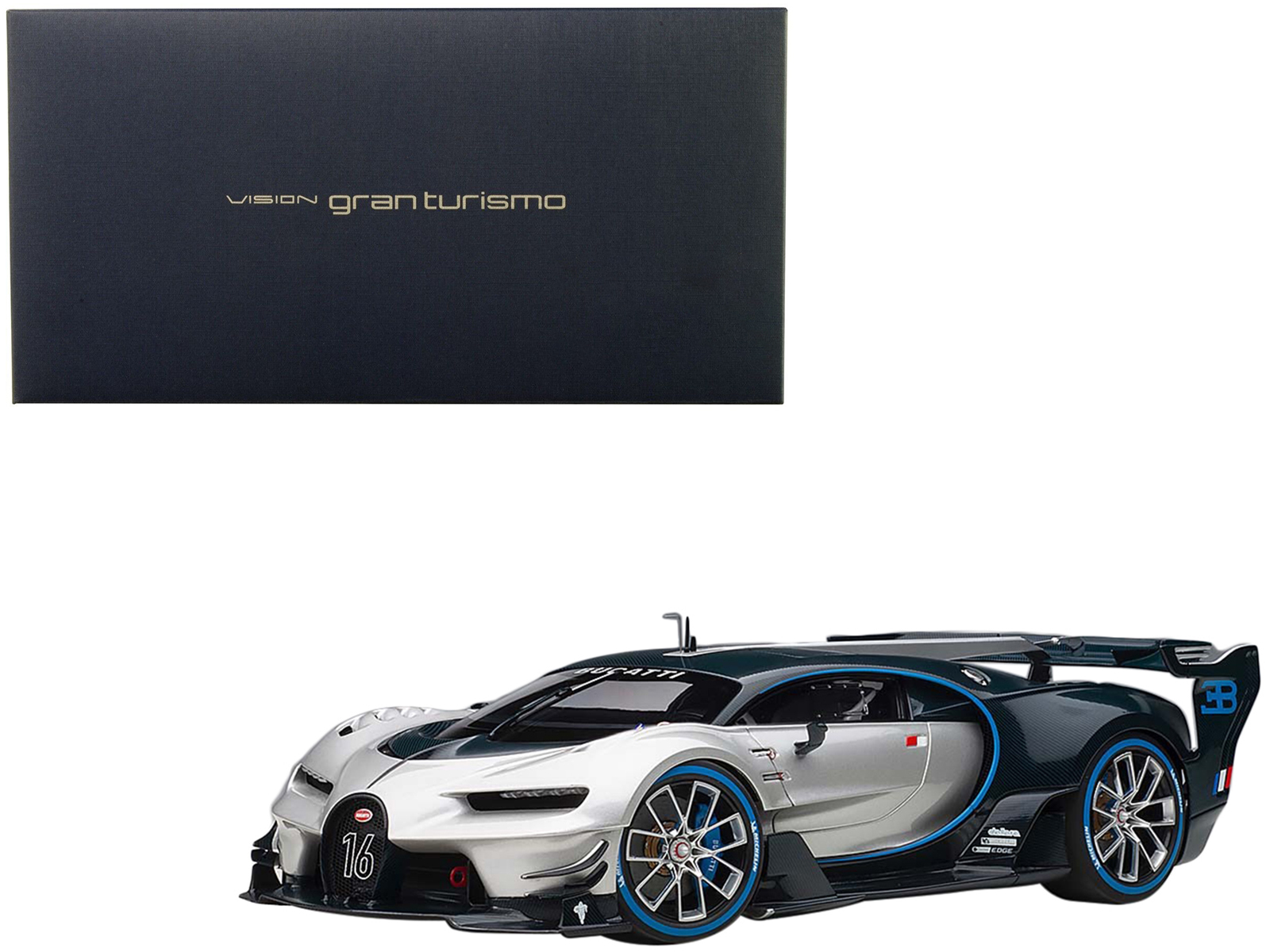 Diecast Bugatti Vision Gran Turismo "16" Argent Silver and Blue Carbon