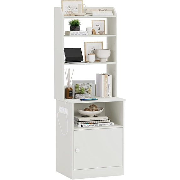 EPHEX Nightstand with Charging Station, Tall Bedside Table with 3 Shelf, White