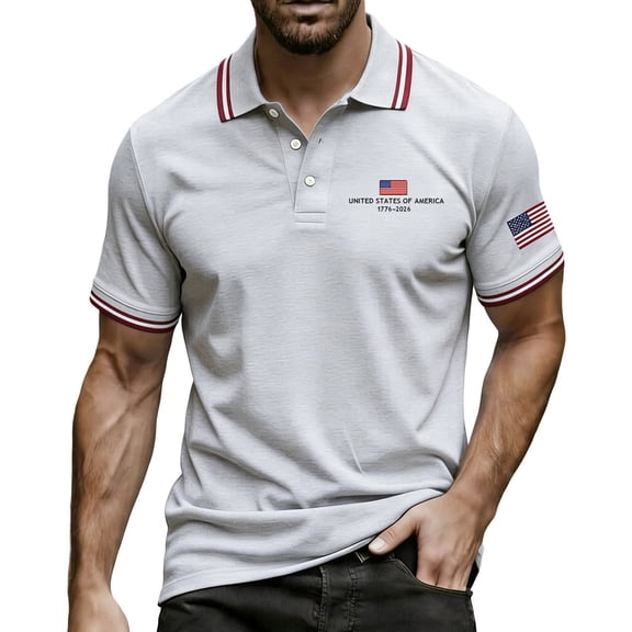Men 250 Anniversary Polo Shirts American Flag Print Lapel Collar V Neck Short Sleeve T-Shirt 1776-2026 Patriotic Star Relaxed Fit Summer Tops, XXL, #01 Light Gray
