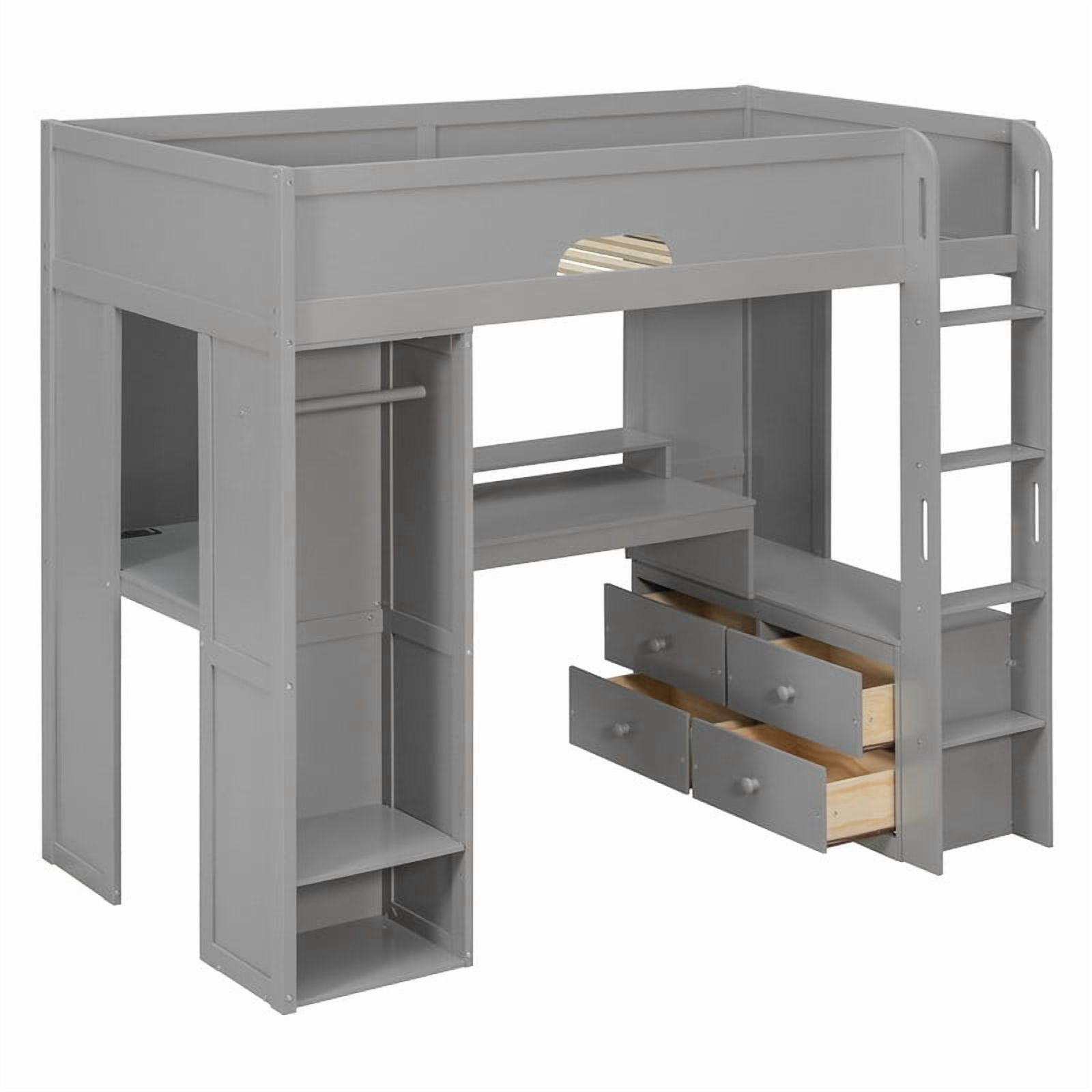 Twin Versatile Loft Bed with L-Shaped Desk, LED Light Strip & Charging Station, Storage Kids Bed Frame with Drawers & Wardrobe