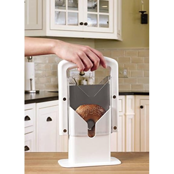 The Original Bagel Guillotine Slicer - 9.25-Inch Stainless Steel Blade Slicer - Safe and Efficient Easy Bagel Cutter for Muffins, Rolls, Buns with Precision Ground Serrated Blade (White)