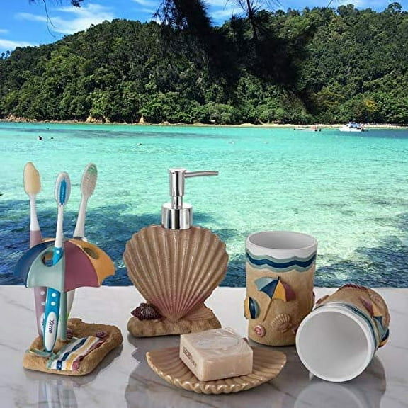 Heavenly Designs Watson Bathroom Accessories - Beige and Blue Resin Bathroom Set - Young Adult