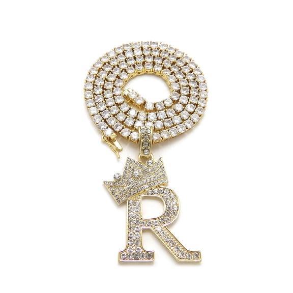 iJewelry2 Kings and Queens Crowned Initial Letter R Pendant Gold-tone CZ Tennis Chain Necklace 18''