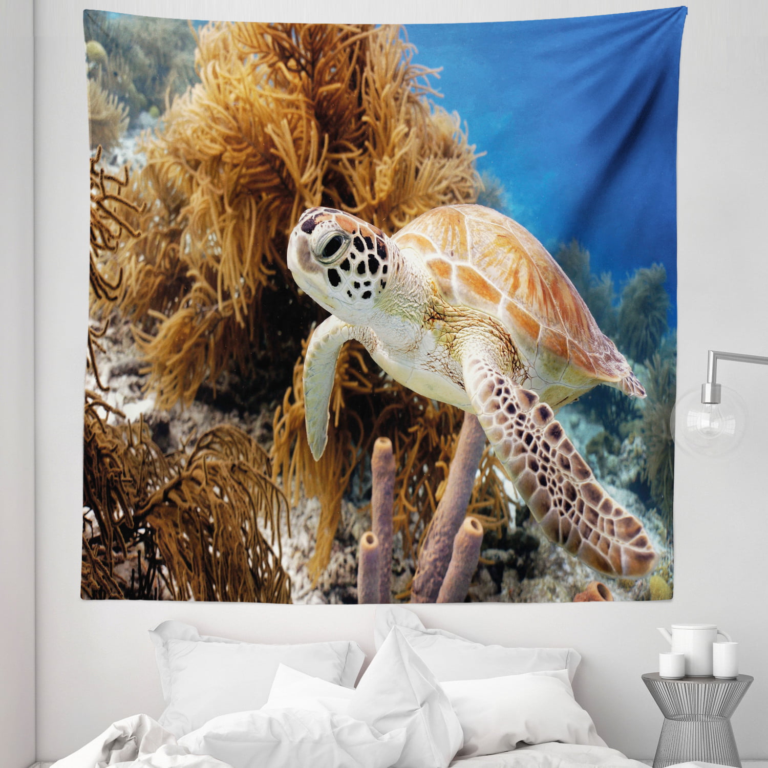 Turtle Tapestry, Coral Reef and Sea Turtle Close up Photo Bonaire Island  Waters Maritime, Fabric Wall Hanging Decor for Bedroom Living Room Dorm, 5  