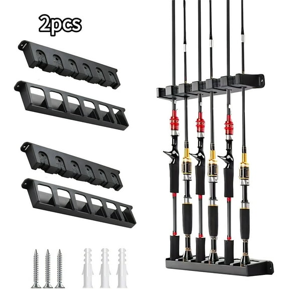 RYLZX Fishing Rod Holder for Garage Fishing Pole Holders Fishing Rod Rack Vertical Wall-Mounted for Garage Stores 6 Rods or Combos Fits Most Rod Diameters (Vertical Black, 2 Pair)