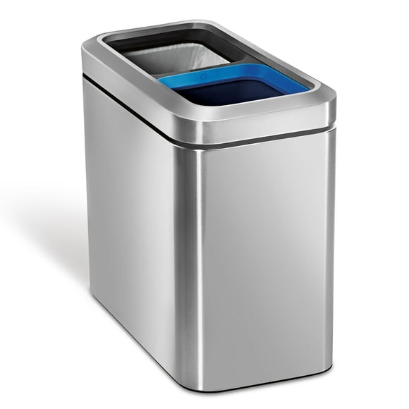 Simplehuman 20 Liter / 5.3 Gallon Dual Compartment Recycling Can, Slim Open Top Office Trash Can, Commercial Grade Heavy Gauge Small Trash Can, Brushed Stainless Steel