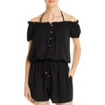 thumbnail image 1 of Kate Spade New York Heart Buckle Off-The-Shoulder Cover-Up Romper Black XS, 1 of 4