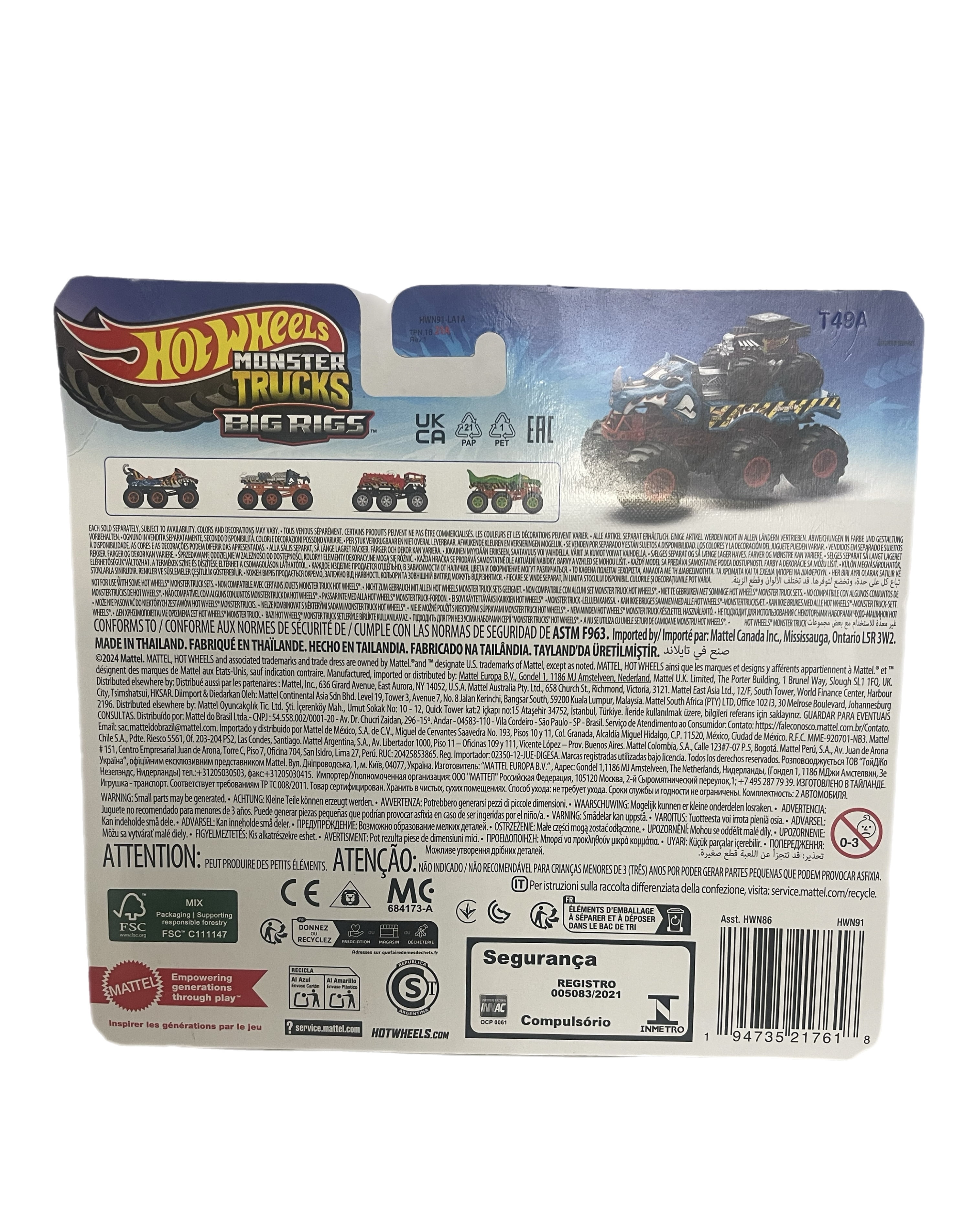 Hot Wheels Monster Trucks Big Rigs 1:64 Scale Toy Truck with 6 Wheels for Transporting or Towing Other Vehicles (Styles May Vary) HWN86
