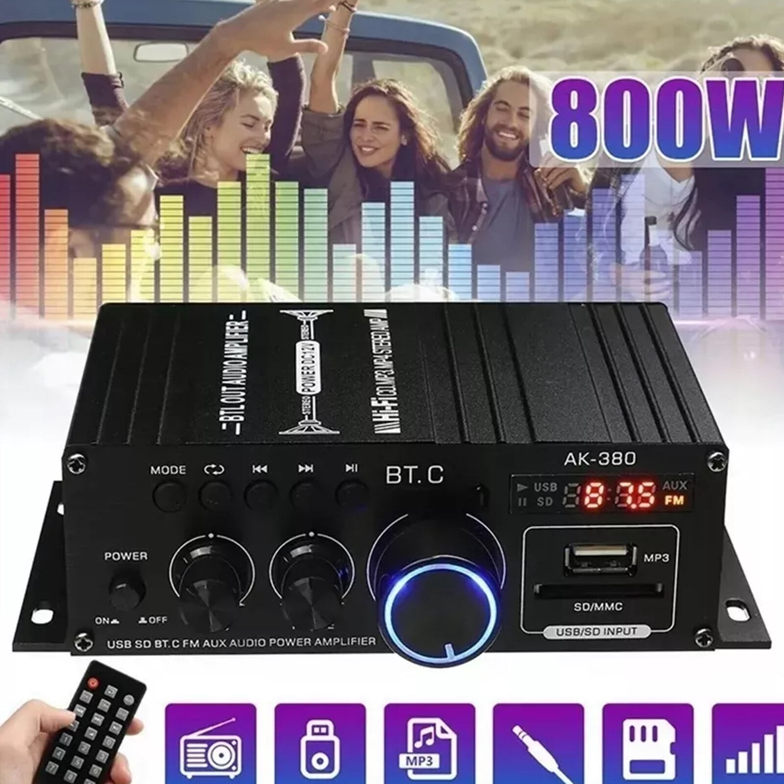 Yolispa 800W 2 Channel Bluetooth Amplifier with LCD Digital Display Stereo Receiver, Stereo Amp for Home Theater Car RV,USB/SD Card/RCA/Mic/FM