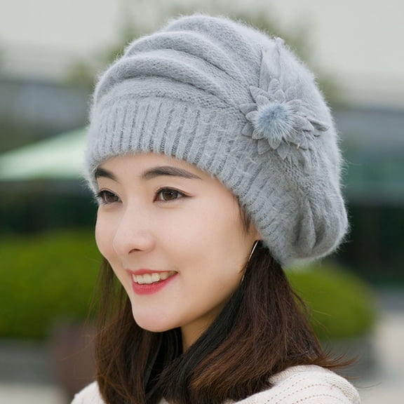 XUEMAO Grey Beret Hats for Women, Fashion Womens Flower Knit Crochet Beanie Hat Winter Warm Cap Beret Hats for Women