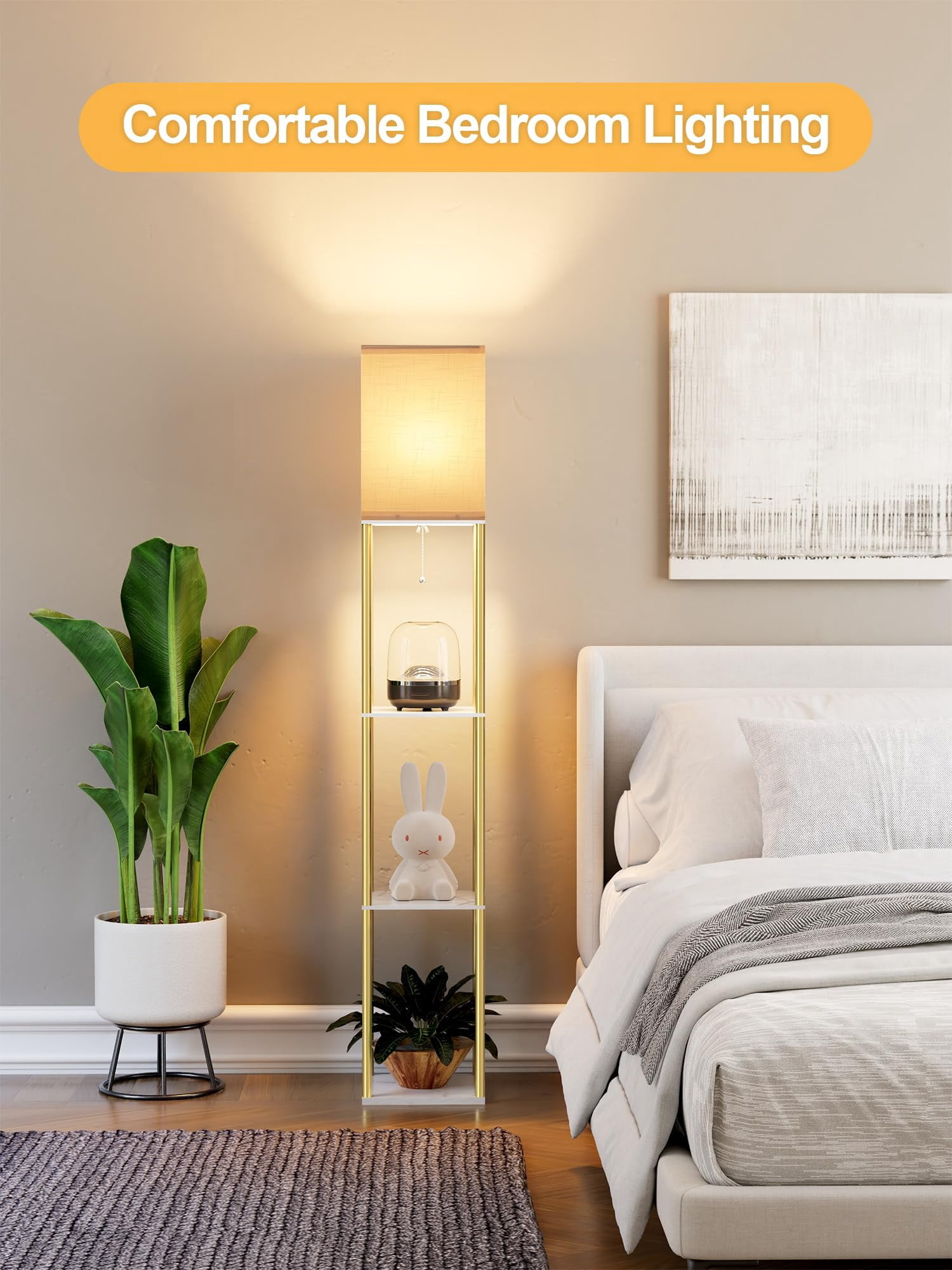 Floor Lamp With Shelves  Modern Corner Display Standing Column Shelf Etagere Organizer Tower Nightstand White Linen Shade For Living Room Bedroom And Office Marble Poles