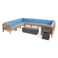 thumbnail image 2 of Darren Outdoor 12 Piece Acacia Wood Sectional Sofa Set with Cushions and Fire Pit, Teak, Blue, Dark Gray, 2 of 10