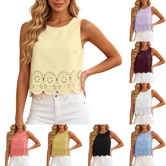 Harpily Sleeveless Womens Tank Tops Round Neck Hollow Embroidery Loose Relaxed Fit Breathable Summer Travel Vacation Casual Blouse