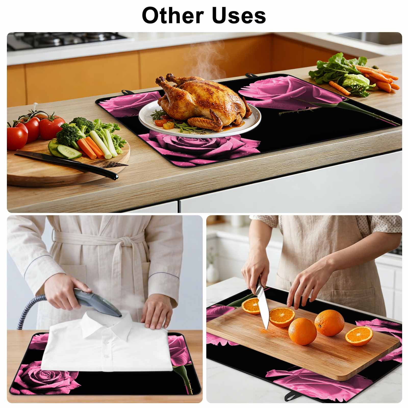 Pink Rose Stove Top Cover for Electric Stove, Heat-proof & Non Slip Glass Top Stove Cover Protector, Vintage Abstract Garden Flower Floral Black Kitchen Flat Cooktop Rubber Mat 24x21 Inches