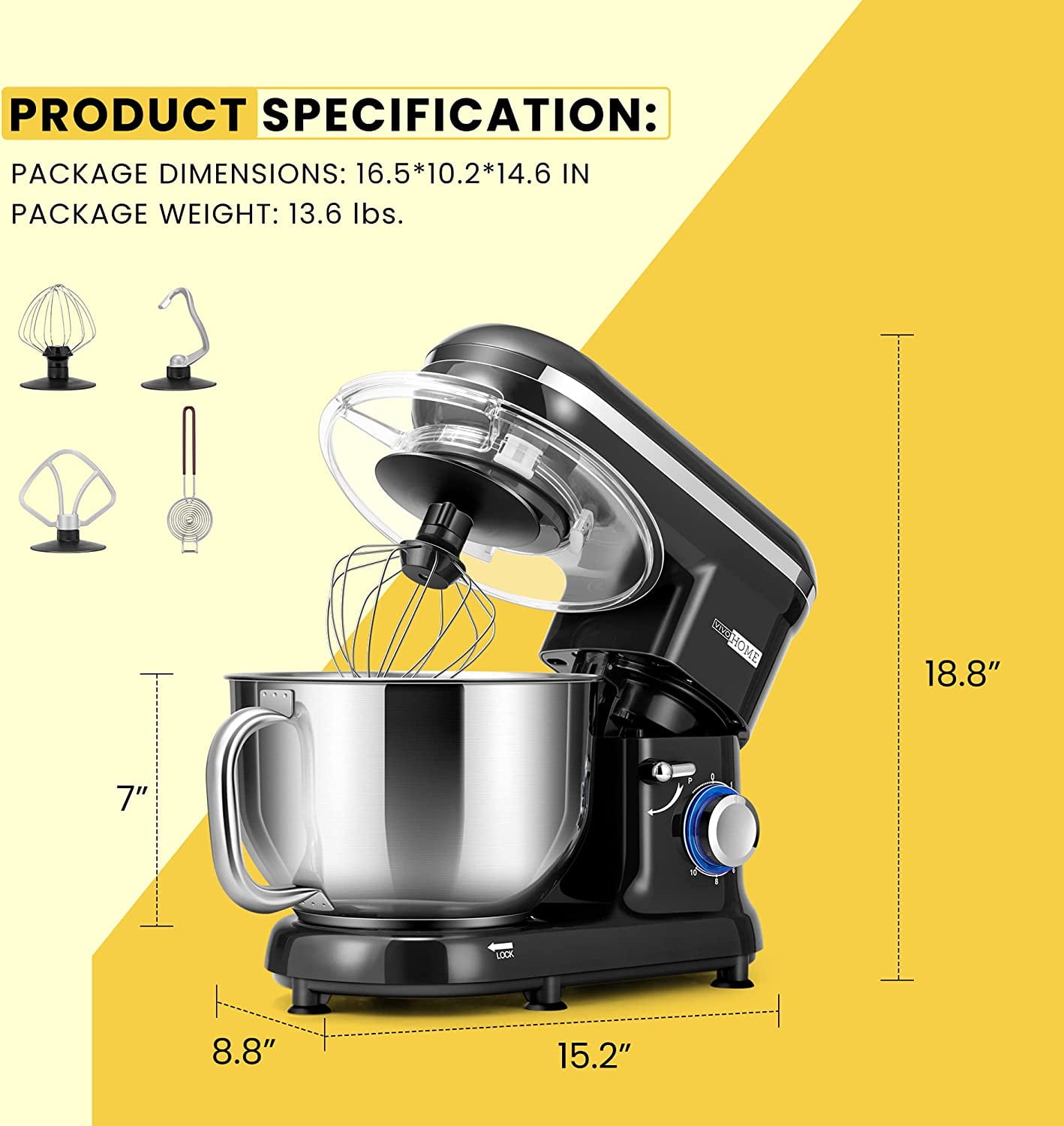 SPECSTAR Stand Mixer, 650W 10 Speed 6 Quart Tilt-Head Kitchen Electric Food Mixer with Beater, Dough Hook and Wire Whip, Black