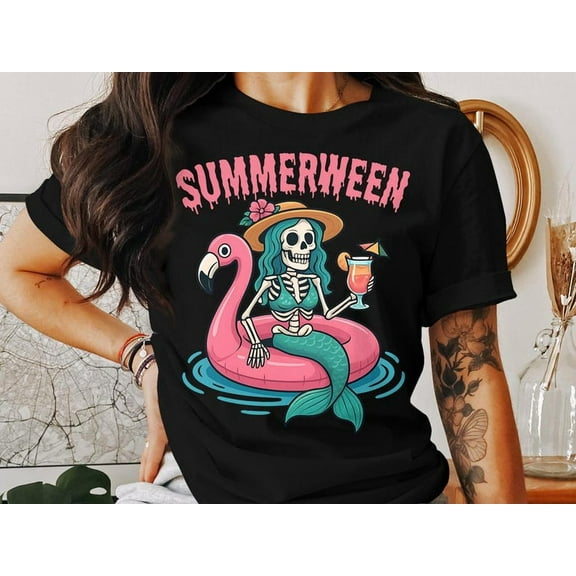 Summerween Mermaid Skeleton Beach Flamingo T-shirt, Funny Halloween Summer Vacation T-shirt, Hello Summer T-shirt.