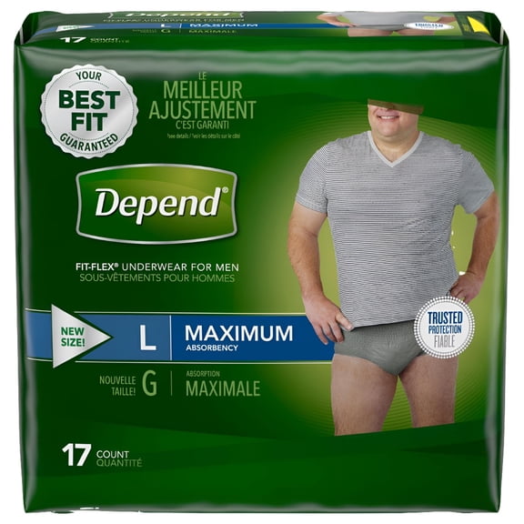 Depend FIT-FLEX Incontinence Underwear for Men, Maximum Absorbency, L, Gray 17 ea
