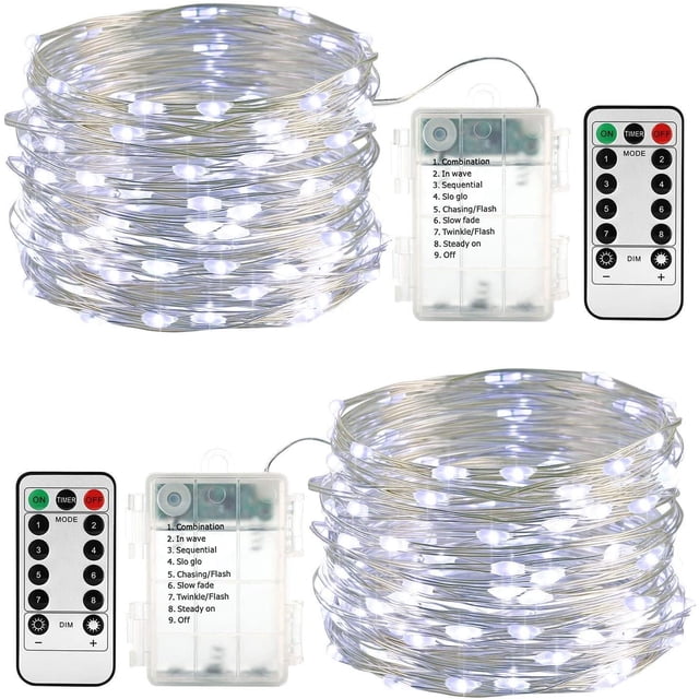 Guirnalda de luces de batería, paquete de 2, 10 m, 100 luces LED de Navidad, resistente al agua, 8 modos, guirnalda de luces de alambre de cobre con mando a distancia Sincero Hogar