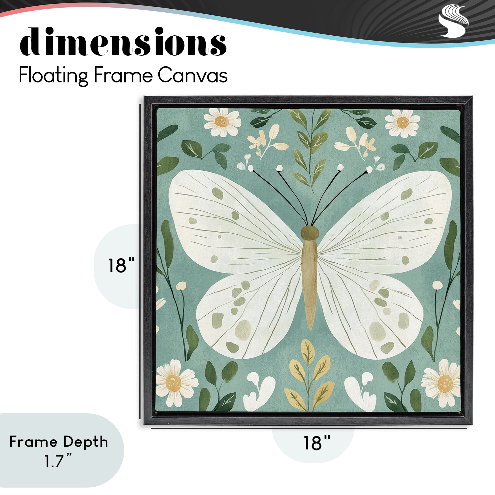 Stupell Industries Teal Butterfly Garden with Daisies Black Framed Floater Canvas Wall Art, design by Petal Prints Design