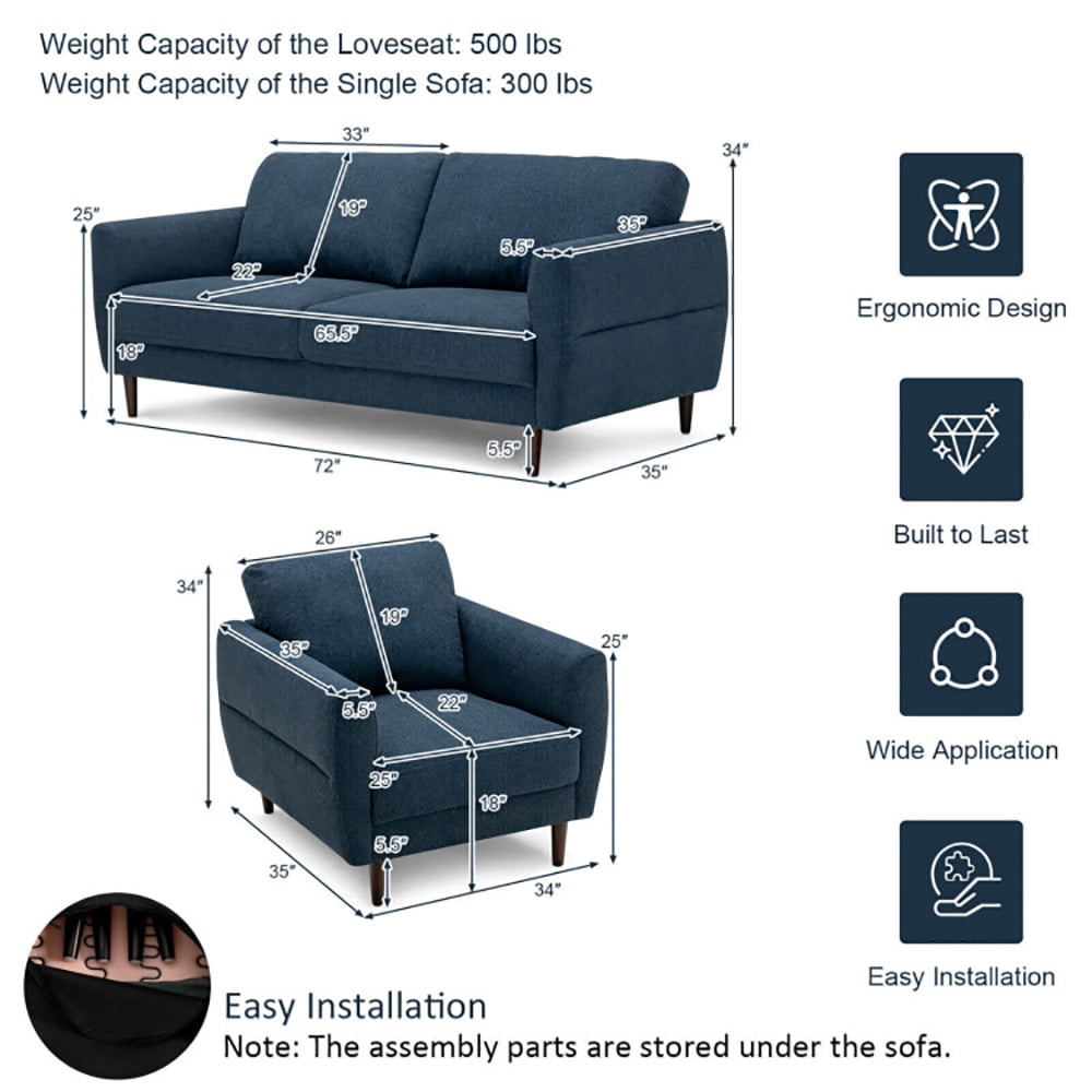 Finihen Upholstered Sofa Set, 2 Pieces Upholstered Sofa Set with Removable Cushion Covers, for Living Room, Navy