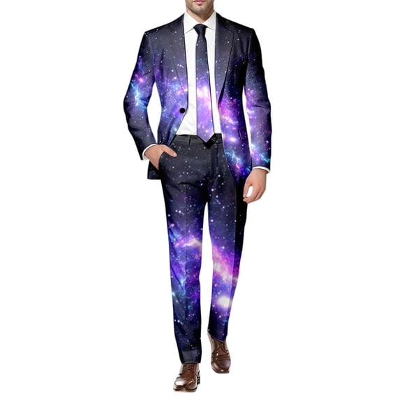 CONZONE Mens 2 Peice Suit Set Casual Dress Suit for Men Galaxy Graphic Long Sleeve Blazer Pants Elegant Slim Fit Party Wedding Business Set