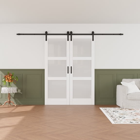 30'' x 84'' 3-Piece Glass and Manufactured Wood Double Sliding Barn Door with Installation Hardware Kit Set