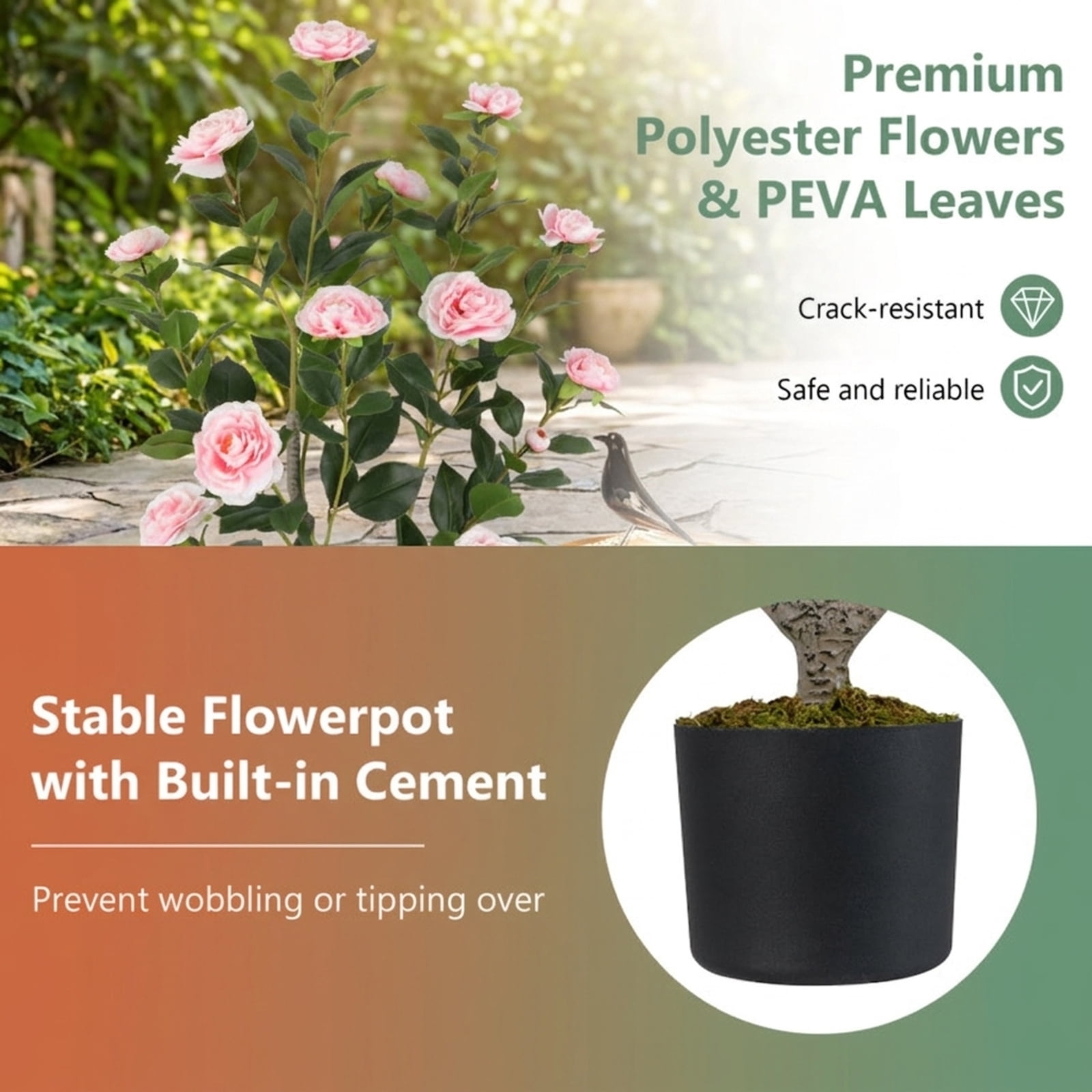 SUGIFT 36 Inch Artificial Camellia Tree with Blooming Flower, 2 Pack Faux Pink Flower Plant in Pot for Living Room Bedroom Decor, Pink + Green,