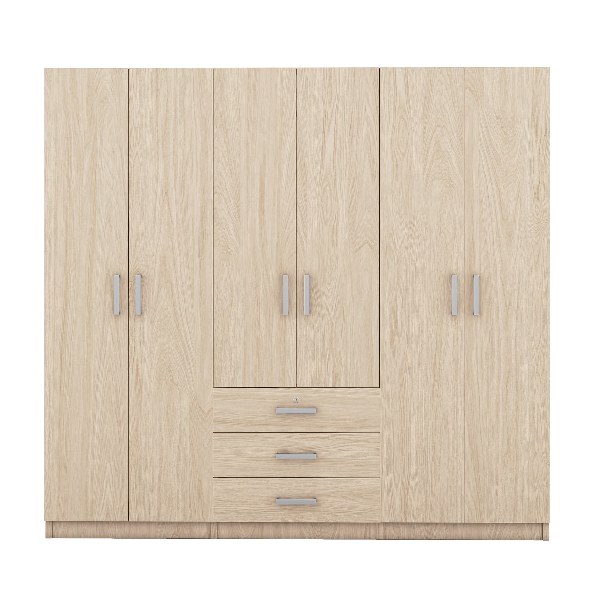Modern Wardrobe Closet,Wooden Wardrobe Storage with 6-Doors & 2 Drawers for Bedroom,Natural
