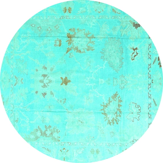 Ahgly Company Machine Washable Indoor Round Oriental Turquoise Blue Traditional Area Rugs, 7' Round